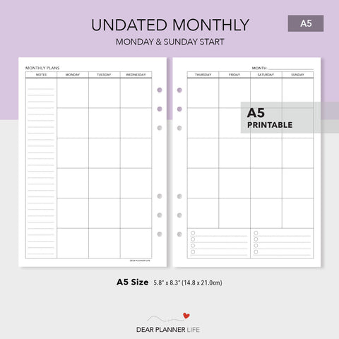 Undated Monthly Template (A5 Size) PDF Printable (A5-22.25)