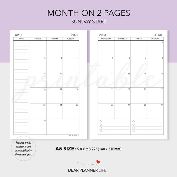 2025 A5 Size Calendar - Month on 2 Pages (SUNDAY Start) Printable PDF : A5-22