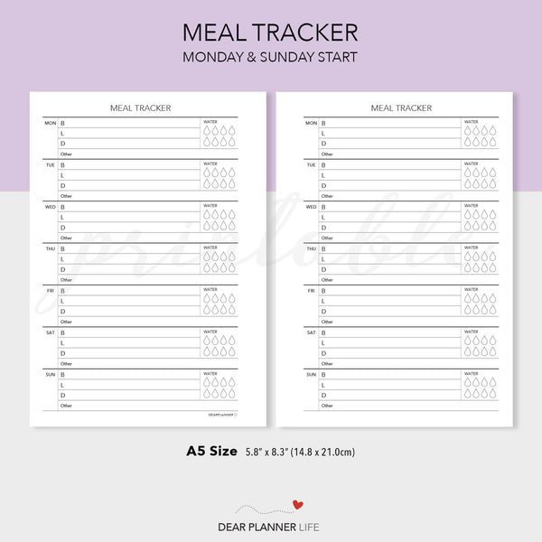 Meal/Food Tracker Page (A5 Size) PDF Printable (A5-23)