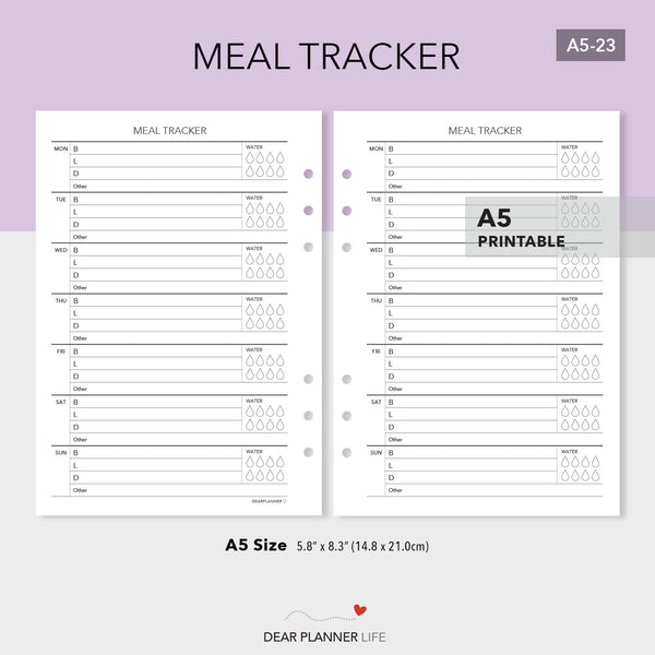 Meal/Food Tracker Page (A5 Size) PDF Printable (A5-23)