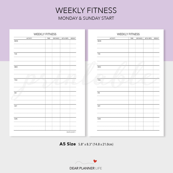 Weekly Fitness Tracker Page PDF Printable (A5-24)