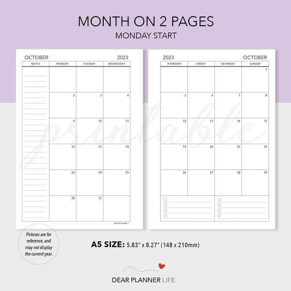 2024 A5 Size Calendar - Month on 2 Pages (Monday Start) Printable PDF : A5-25