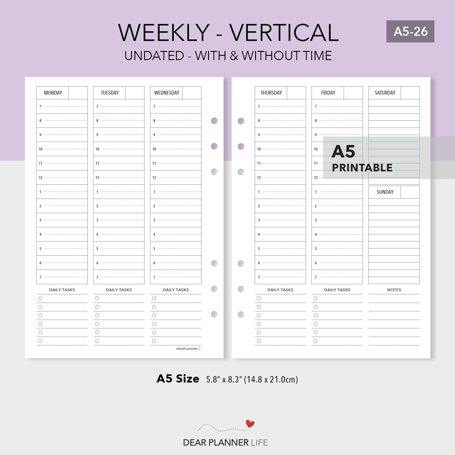 Week on 2 Pages Vertical Layout - PDF Printable (A5-26)