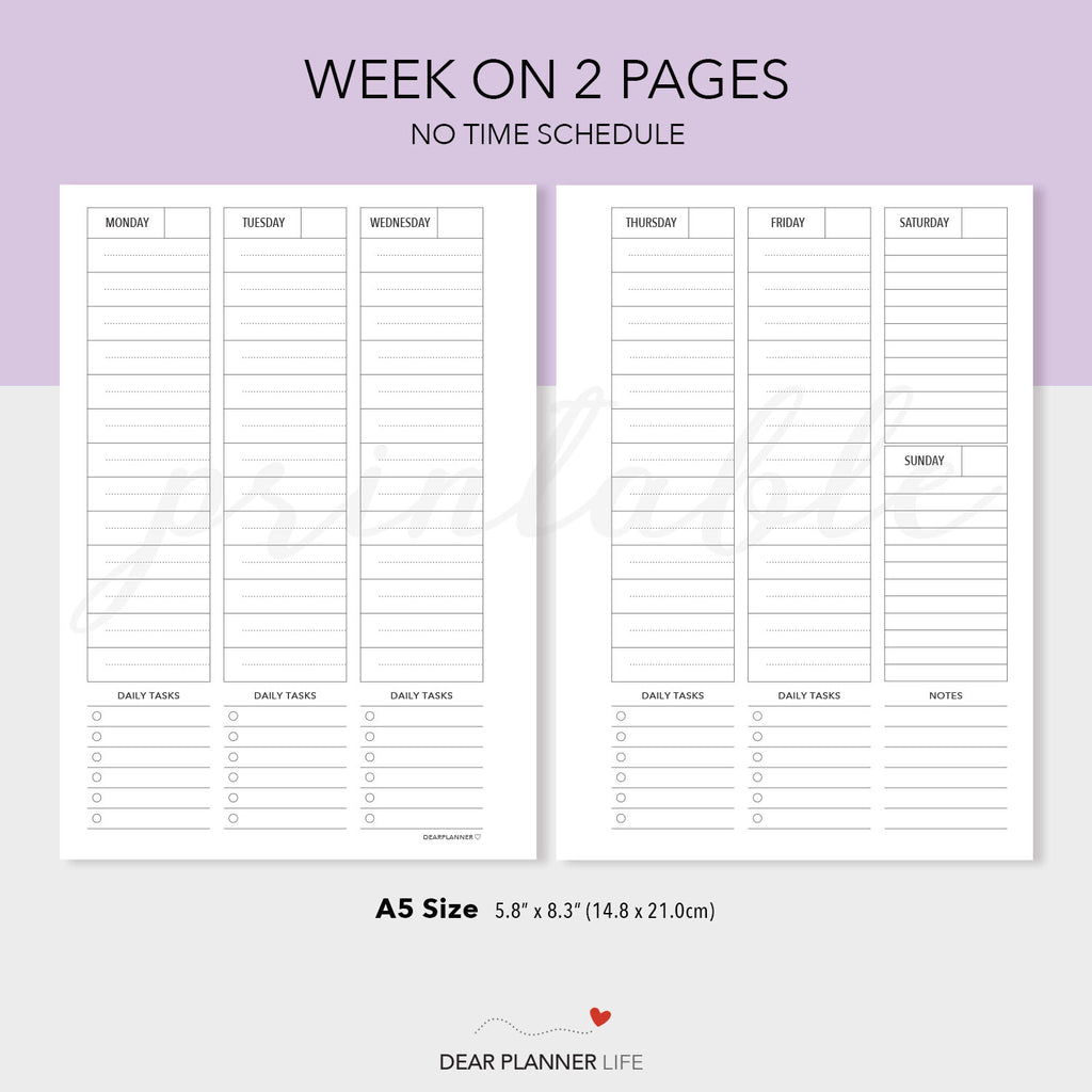 Week on 2 Pages Vertical Layout - PDF Printable (A5-26) – DearPlannerLife