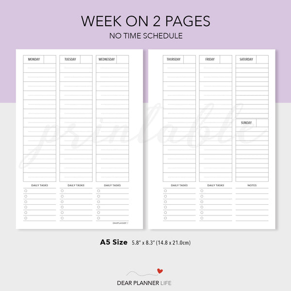 Week on 2 Pages Vertical Layout - PDF Printable (A5-26)