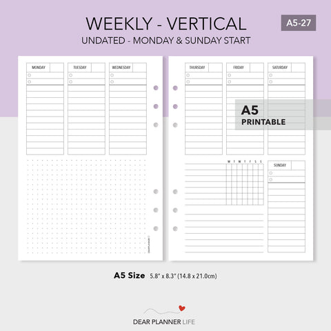 Undated Vertical Weekly (A5 Size) PDF Printable (A5-27)