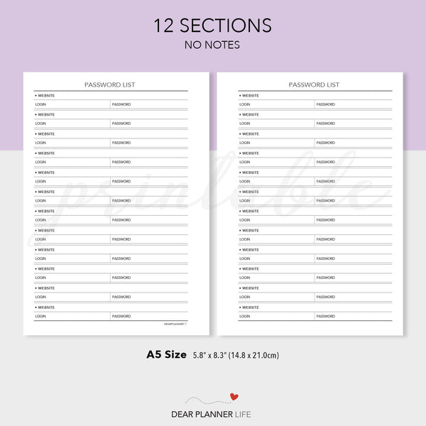 Password List (A5 Size) PDF Printable (A5-28)