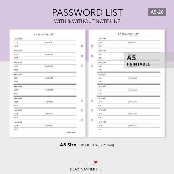 Password List (A5 Size) PDF Printable (A5-28)