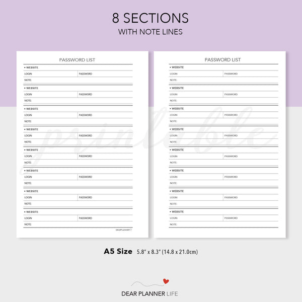 Password List (A5 Size) PDF Printable (A5-28)