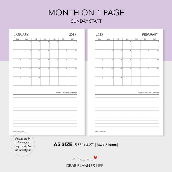 2024 Continuous Month On 1 Page, SUNDAY Start (A5 Size) Printable PDF : A5-29 C