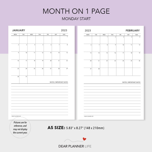 2024 Continuous Month On 1 Page, MONDAY Start (A5 Size) Printable PDF : A5-30 C