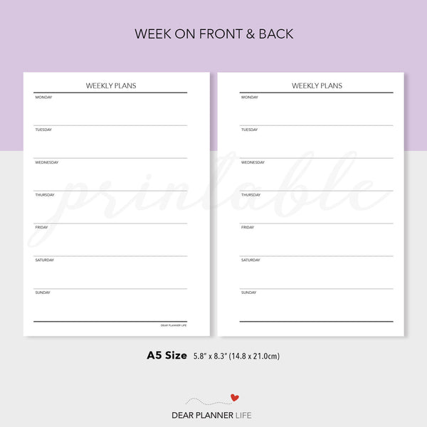 Simple Week on 1 Page Template (A5 Size) - PDF Printable (A5-31)