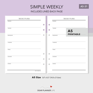 Simple Week on 1 Page Template (A5 Size) - PDF Printable (A5-31)