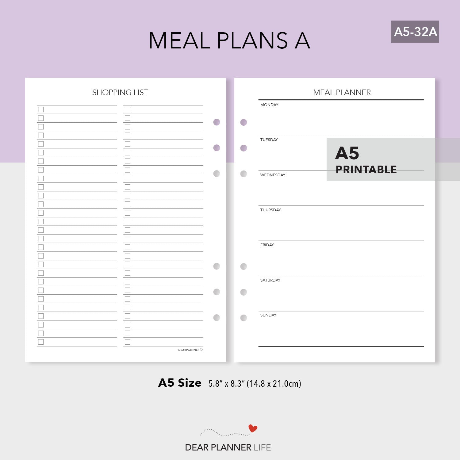 Meal Planning (A5 Size) PDF Printable (A5-32A)