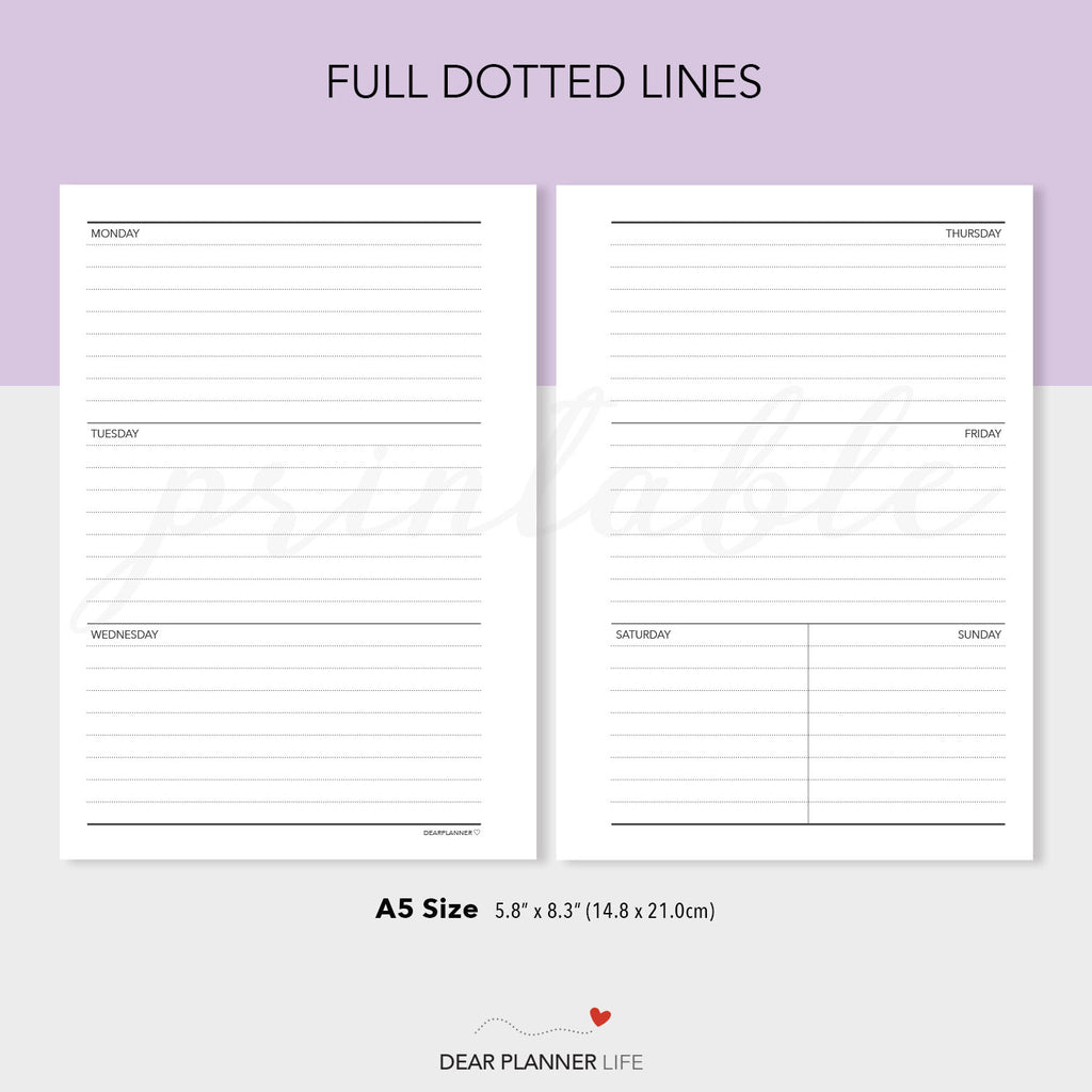 Weekend/week Names Pdf Small Weekend, Horizontal Week on 2 Pages (A5 Size) - PDF Printable (A ...