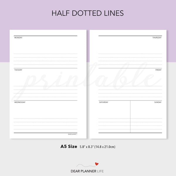 Small Weekend, Horizontal Week on 2 Pages (A5 Size) - PDF Printable (A5-33)