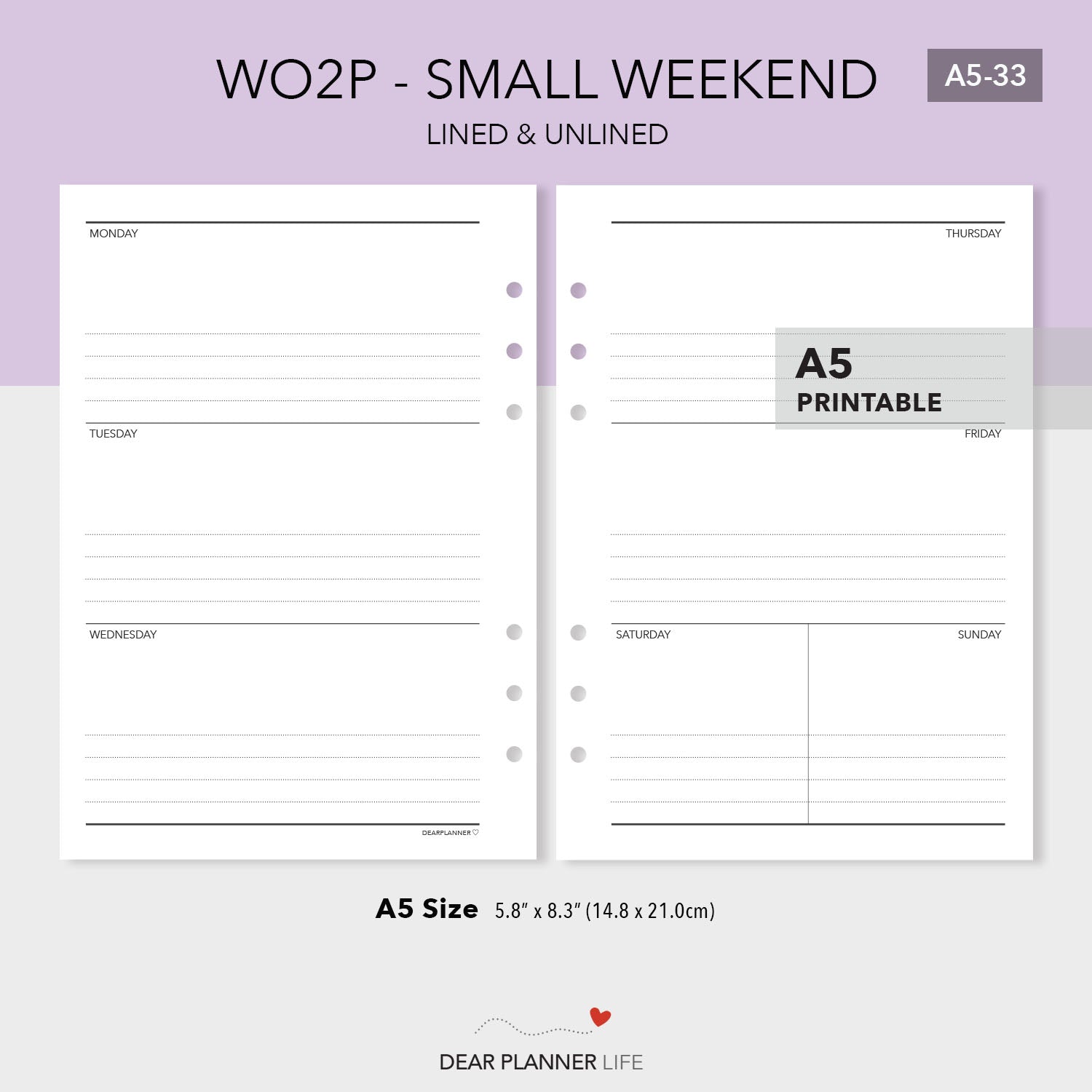 Small Weekend, Horizontal Week on 2 Pages (A5 Size) - PDF Printable (A5-33)