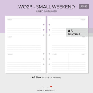 Small Weekend, Horizontal Week on 2 Pages (A5 Size) - PDF Printable (A5-33)