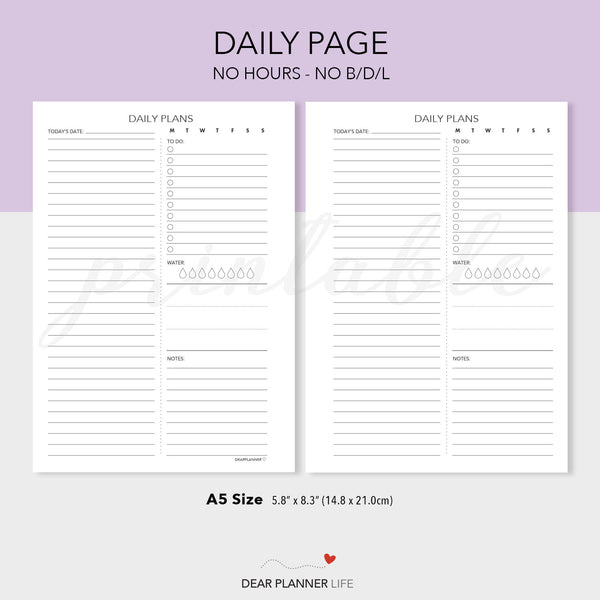 Daily Page With & Without Hours (A5 Size) PDF Printable (A5-36)