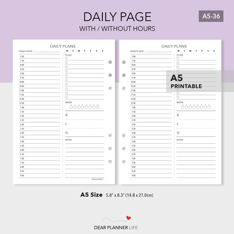 Daily Page With & Without Hours (A5 Size) PDF Printable (A5-36)