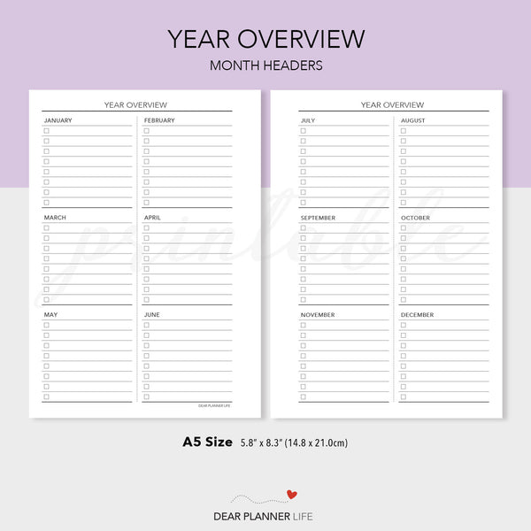 Year Overview Tracker (A5 Size) PDF Printable (A5-38)