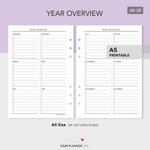 Year Overview Tracker (A5 Size) PDF Printable (A5-38)