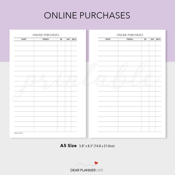 Online Purchases Tracker (A5 Size) PDF Printable (A5-39)