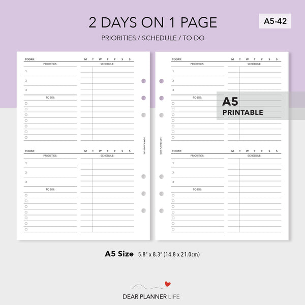 2 Days on 1 Page (A5 Size) PDF Printable (A5-42)