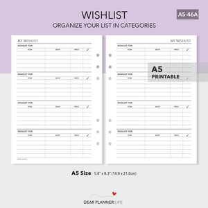 Category Wishlist (A5 Size) PDF Printable (A5-46A)