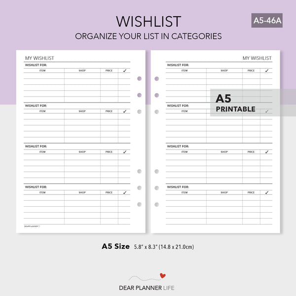 Category Wishlist (A5 Size) PDF Printable (A5-46A)