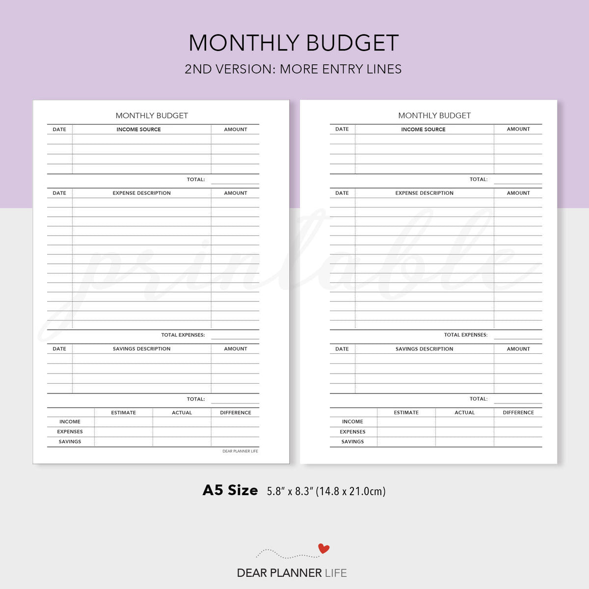 Monthly Budget Tracker (A5 size) PDF Printable (A5-47) – DearPlannerLife