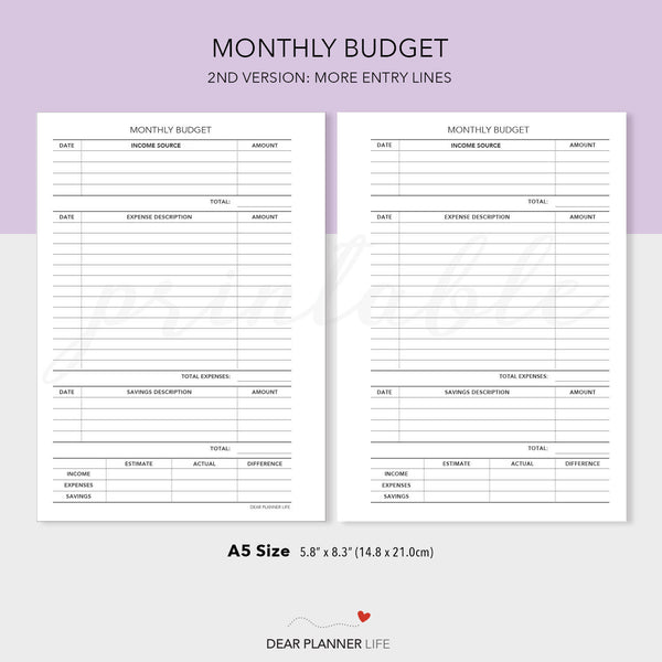 Monthly Budget Tracker (A5 size) PDF Printable (A5-47)