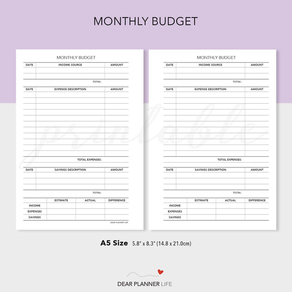 Monthly Budget Tracker (A5 size) PDF Printable (A5-47)