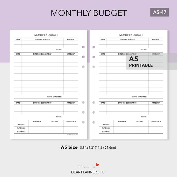 Monthly Budget Tracker (A5 size) PDF Printable (A5-47)