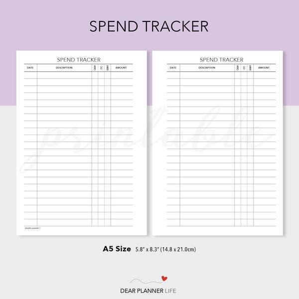 Spend Tracker (A5 size) PDF Printable (A5-48)