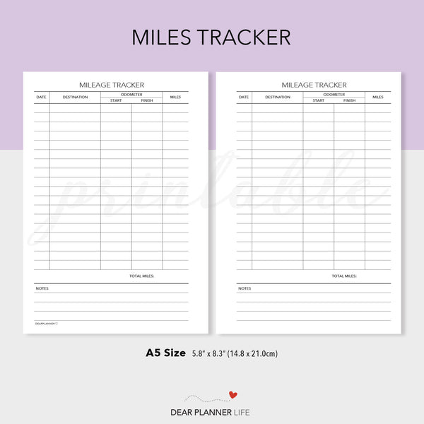 Mileage Tracker (A5 size) PDF Printable (A5-49)