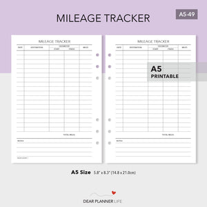 Mileage Tracker (A5 size) PDF Printable (A5-49)