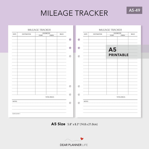 Mileage Tracker (A5 size) PDF Printable (A5-49)