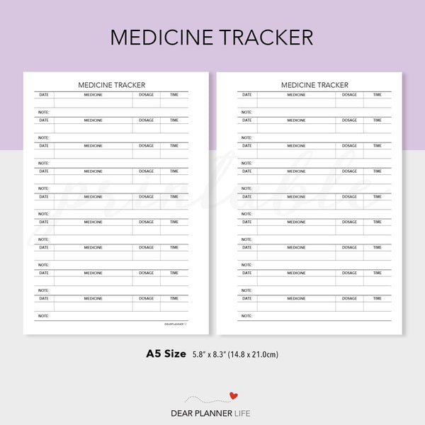 Medicine Tracker (A5 Size) PDF Printable (A5-50)