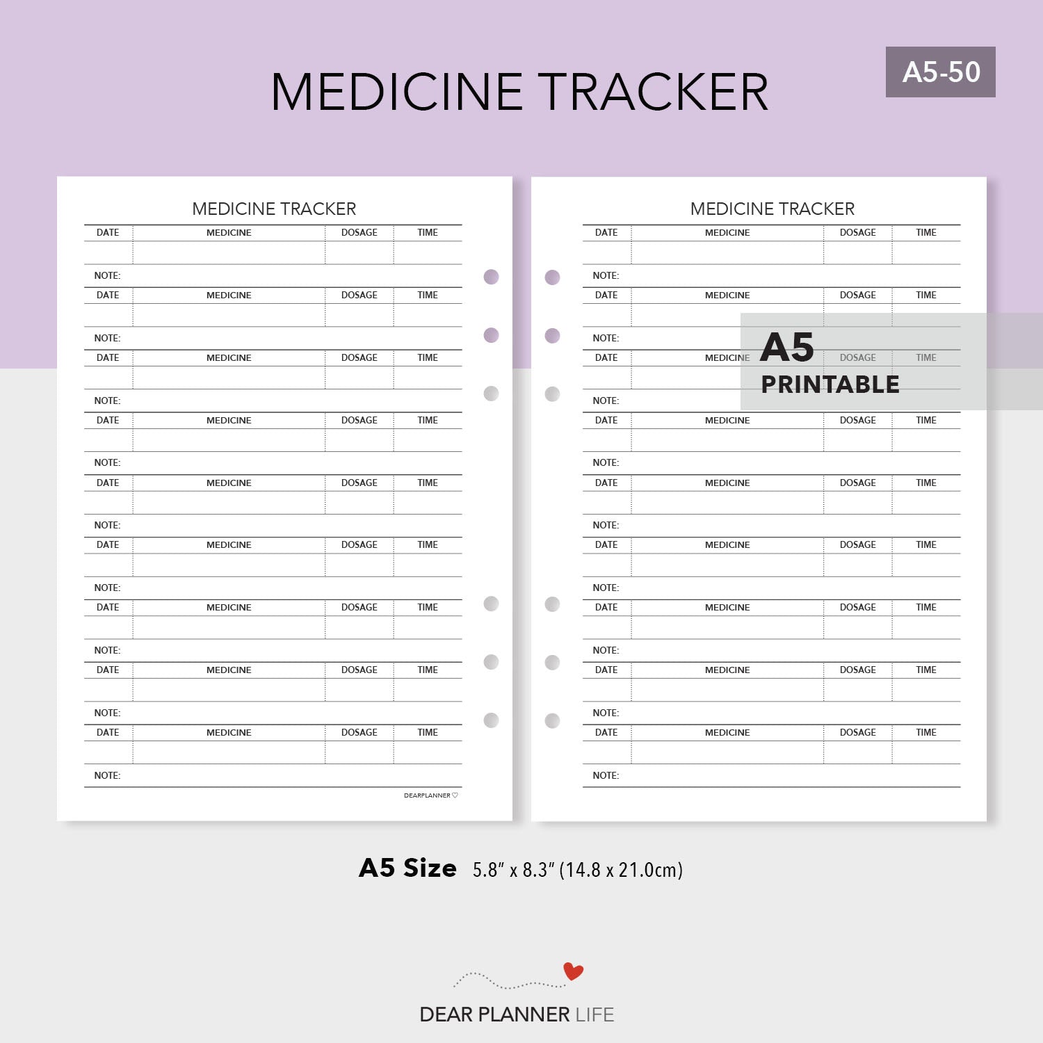 Medicine Tracker (A5 Size) PDF Printable (A5-50)