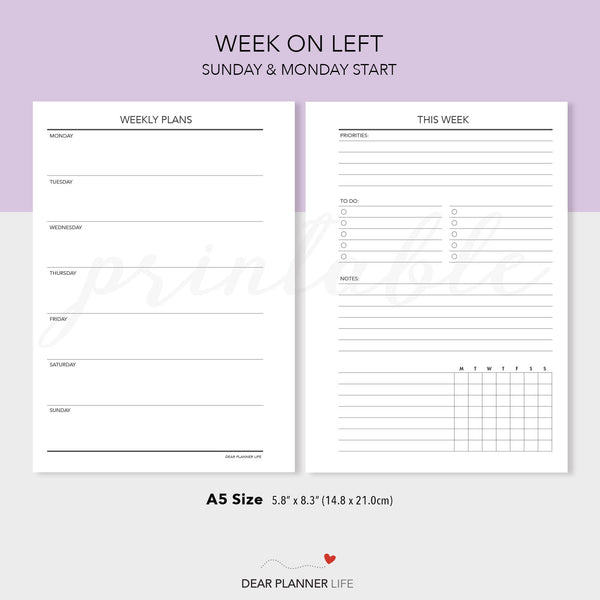 Undated Week on 1 Page / Agenda (A5 Size) - PDF Printable (A5-51)