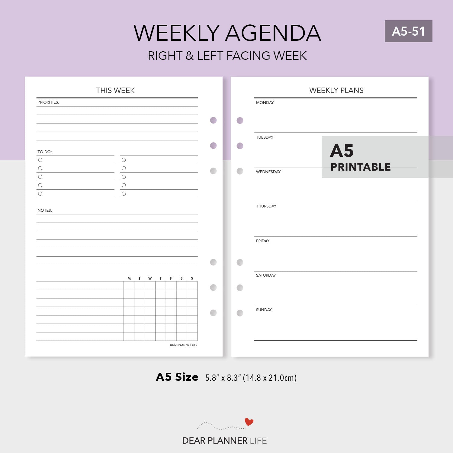 Undated Week on 1 Page / Agenda (A5 Size) - PDF Printable (A5-51)