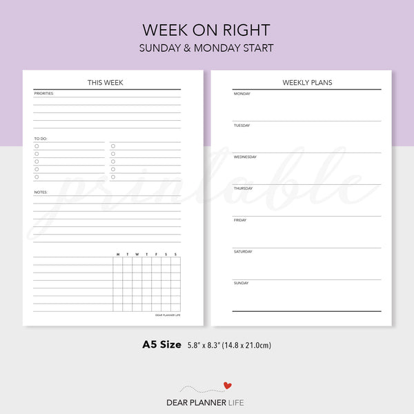 Undated Week on 1 Page / Agenda (A5 Size) - PDF Printable (A5-51)