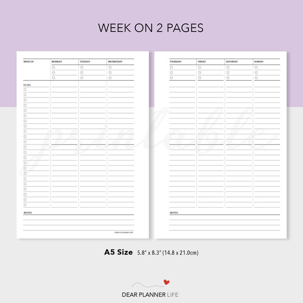 Vertical Week on 2 Pages (A5 Size) - PDF Printable (A5-52)