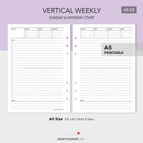 Vertical Week on 2 Pages (A5 Size) - PDF Printable (A5-52)