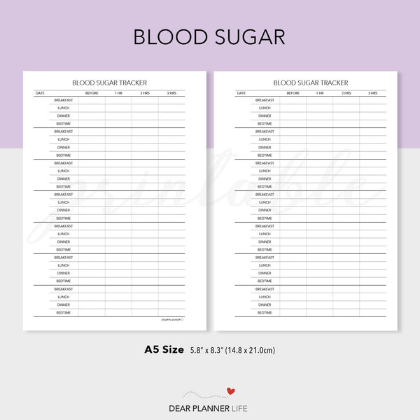 Blood Sugar Tracker (A5 Size) PDF Printable (A5-55)