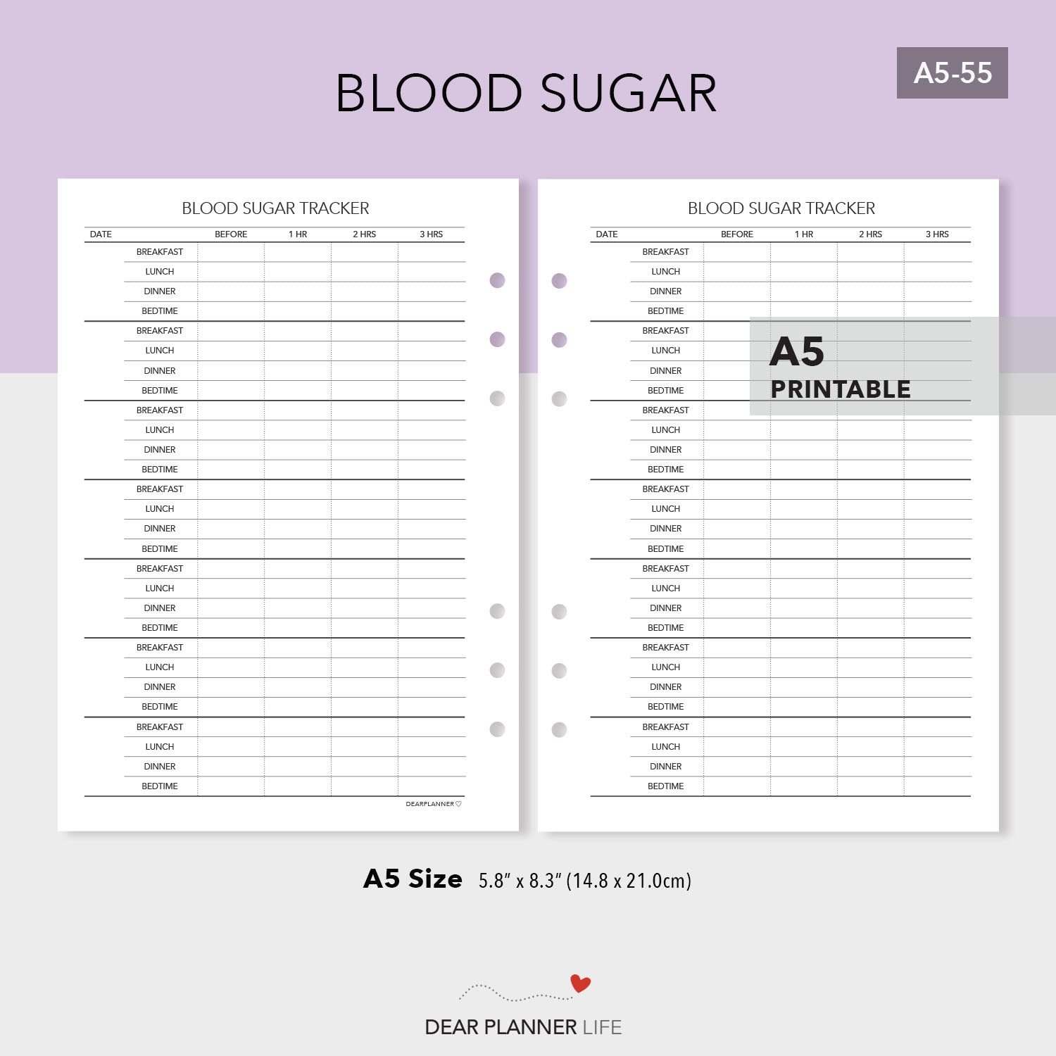 Blood Sugar Tracker (A5 Size) PDF Printable (A5-55)