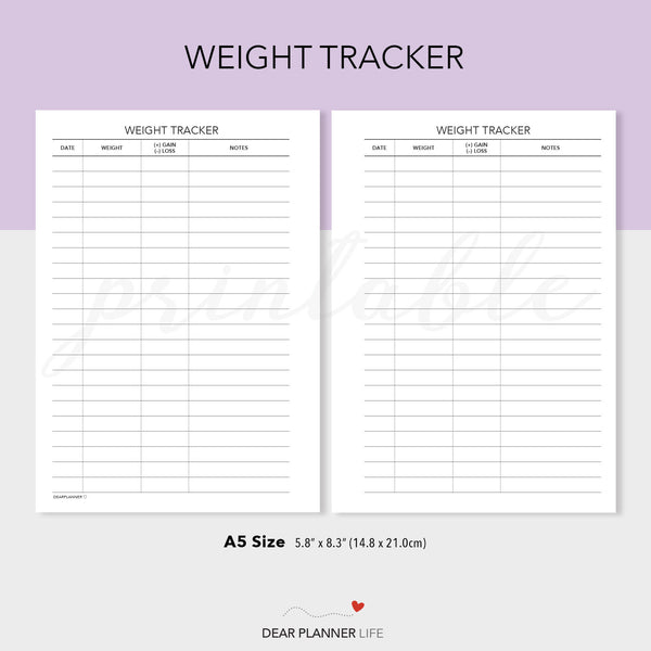 Weight Tracker (A5 Size) PDF Printable (A5-56)