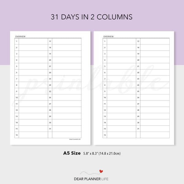 Monthly 31-Day List Overview (A5 Size) PDF Printable (A5-61)
