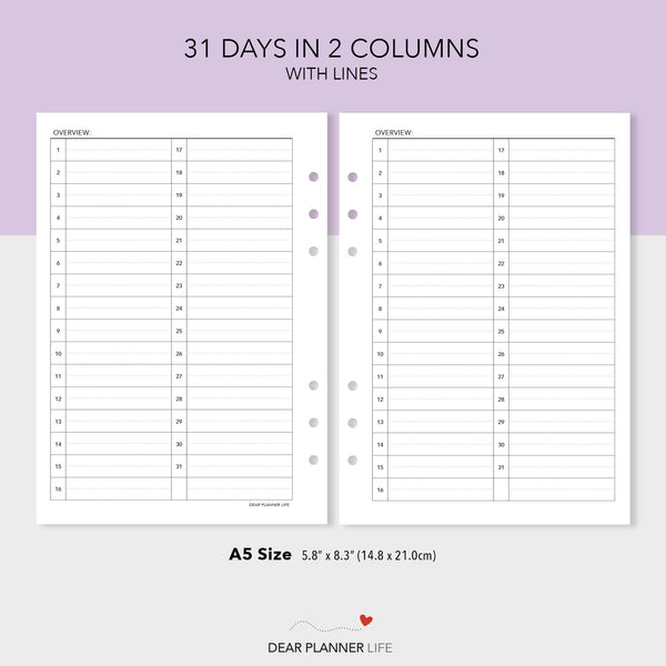 Monthly 31-Day List Overview (A5 Size) PDF Printable (A5-61)